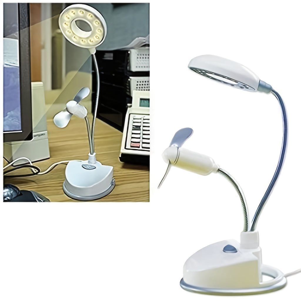 2-in-1 Portable Desk Lamp with Mini Fan, 12 LEDs Flexible Double Gooseneck Reading Lamp, Battery or USB Powered, Compact Desk Accessory for Office & Dorm