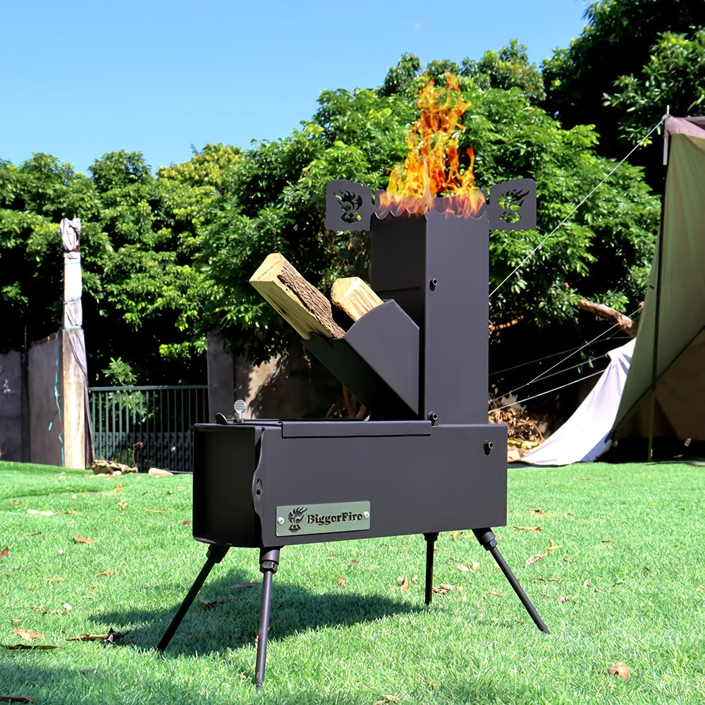Portable Folding Wood Stove, Designed for Outdoor Cooking, Picnic, BBQ, Hunting & Fishing, Cast Steel Construction with Carrying Bag