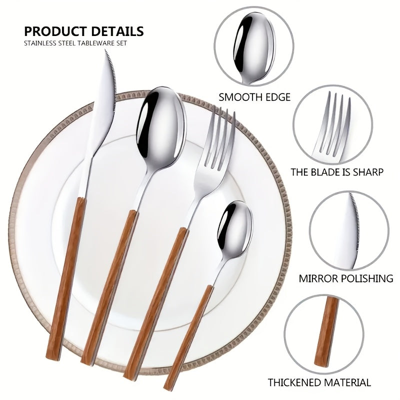 12-Piece Stainless Steel Cutlery Set with Faux Wood Handles – Includes Knives, Forks, Spoons & Coffee Spoons – Dishwasher Safe – Perfect for Home, Catering, Hotel Parties, Weddings