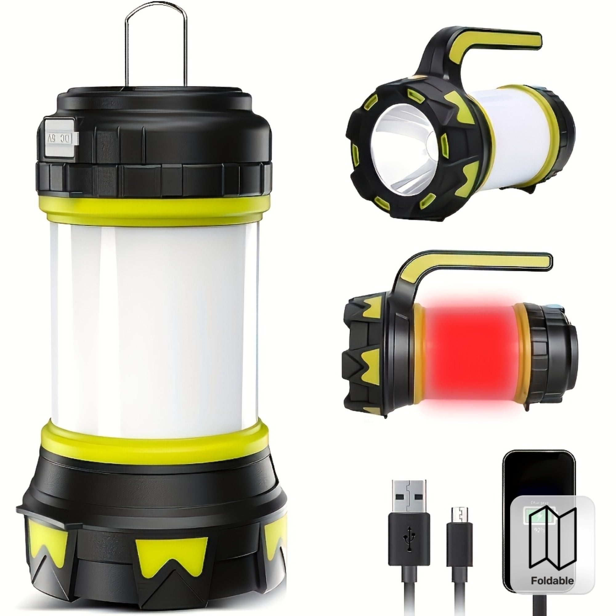 Rechargeable Flashlight Camping Lantern, 6 Lighting Modes, Super Bright LED Spotlight, 3000mAh Battery, Foldable Hook & Side Light, Handheld Torch for Emergency Power Outage Hiking Camping