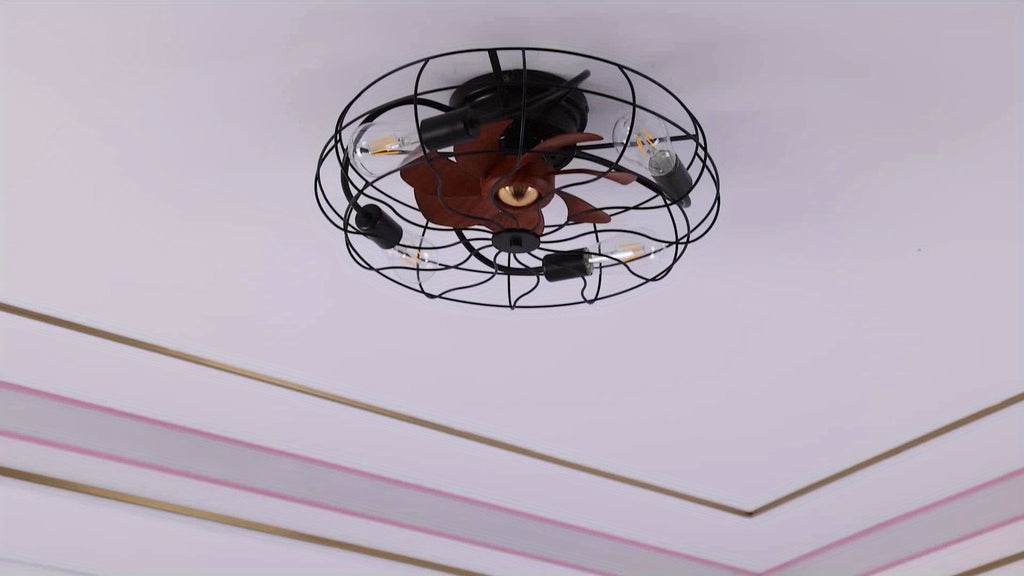 Sofucor 20" Industrial Black Recessed Cage Ceiling Fan, Indoor & Outdoor Use, Equipped with 7 ABS Blades and 4 E26 Bulb Sockets, Ideal for Living Rooms, Patios & Bedrooms