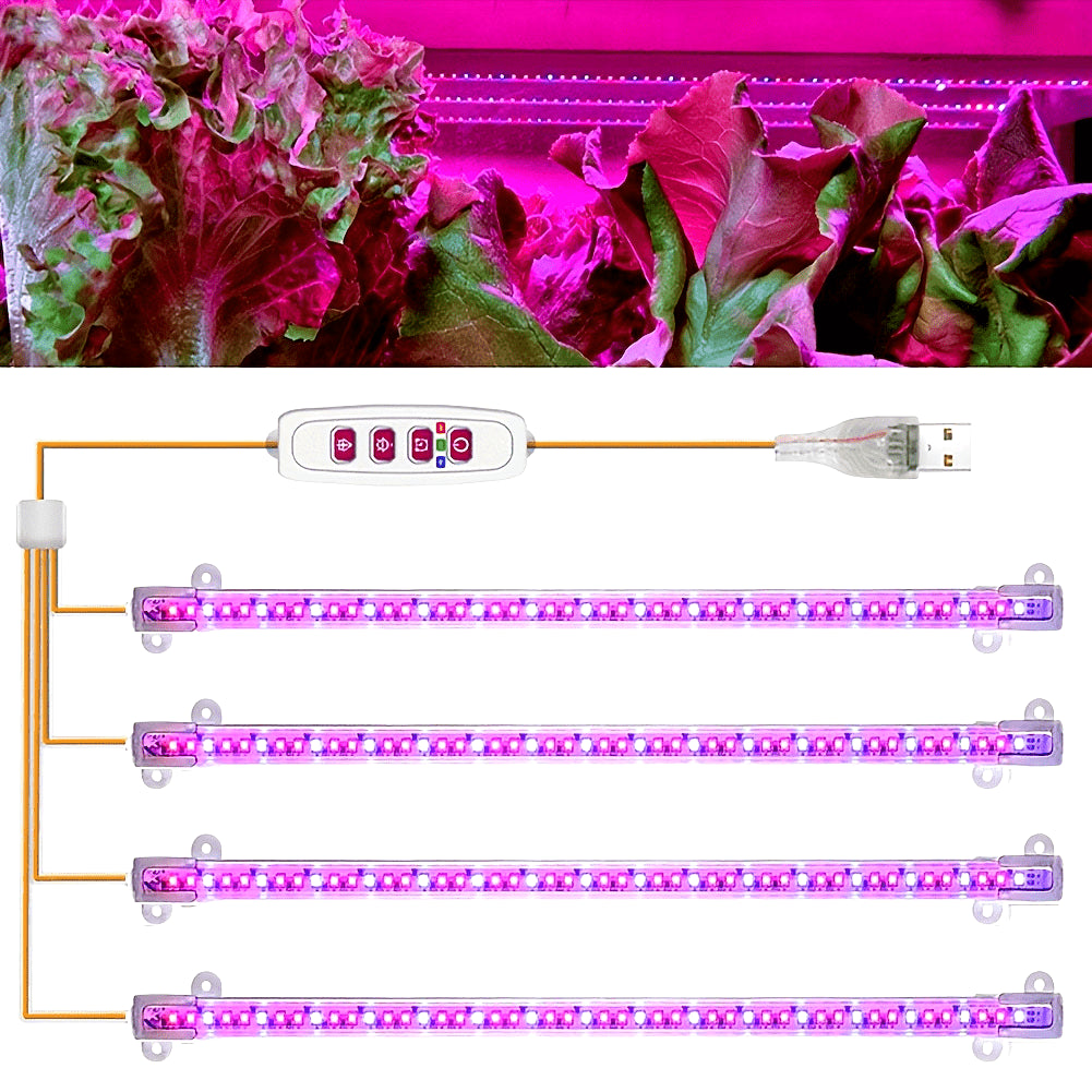 1/2/3/4 red/blue 11.81-inch LED grow light strip tube, timer control 8/12/16 hours, indoor plant USB brightness adjustment, full spectrum plant light for seedlings, vegetables, flowers