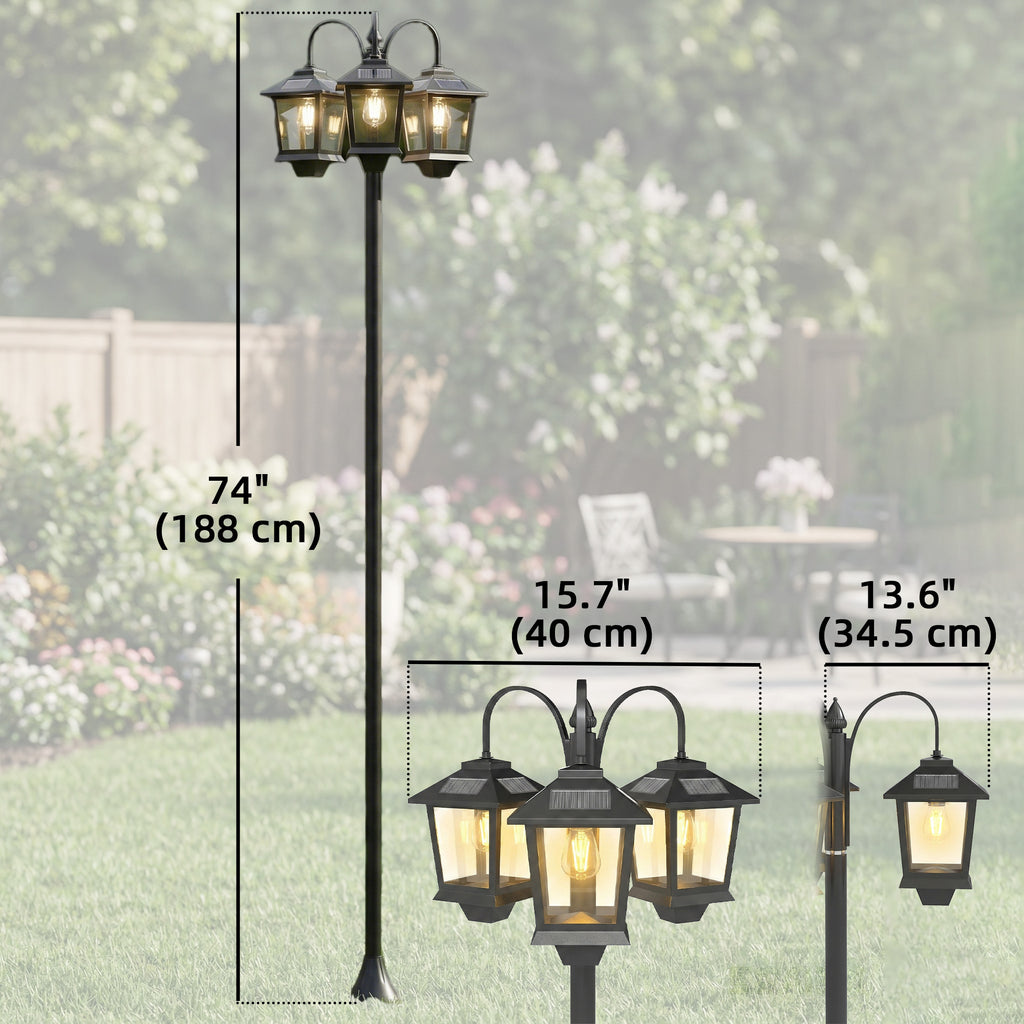 74-Inch 3-Head Solar Lamp Post Light, Waterproof LED Solar Light Pole with Automatic Dusk-to-Dawn Sensor, IP44 Waterproof, Outdoor Lamp Post for Garden Courtyard Driveway, Black