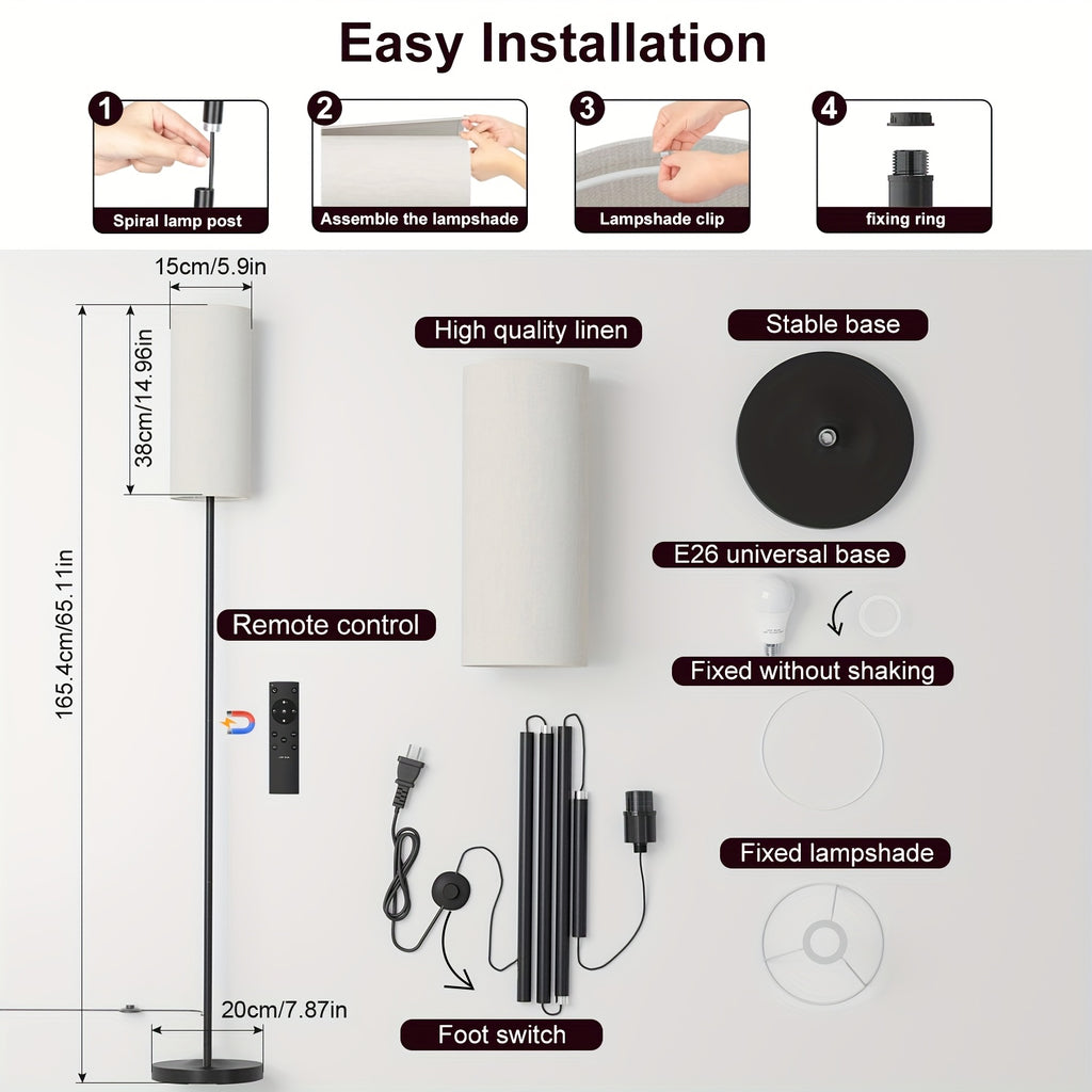 LED floor lamp, dimmable with lampshade and LED bulb (3000K-6500K), self-adjusting color temperature tall lamp for bedroom, equipped with foot switch and remote control
