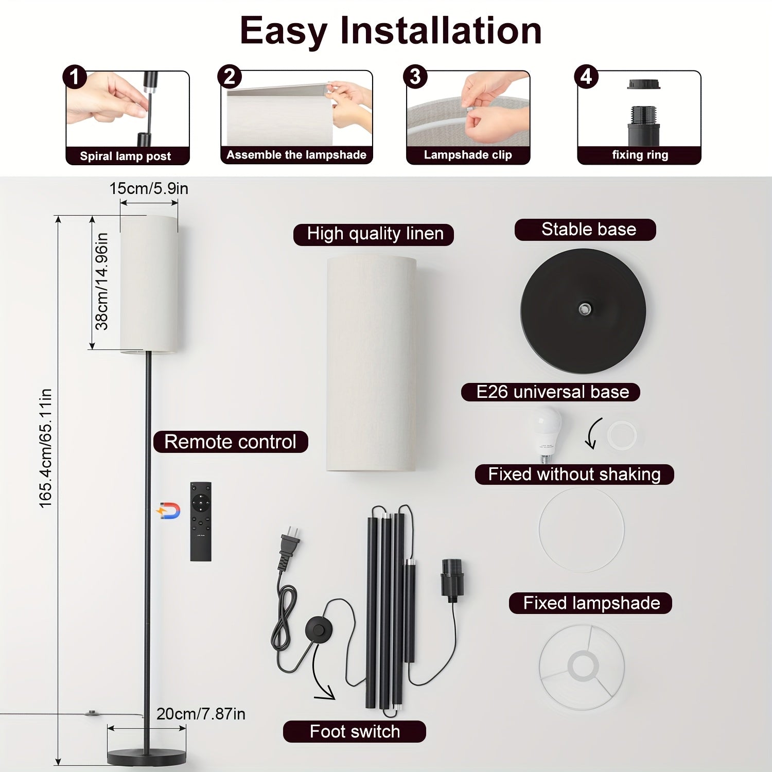 LED floor lamp, dimmable with lampshade and LED bulb (3000K-6500K), self-adjusting color temperature tall lamp for bedroom, equipped with foot switch and remote control