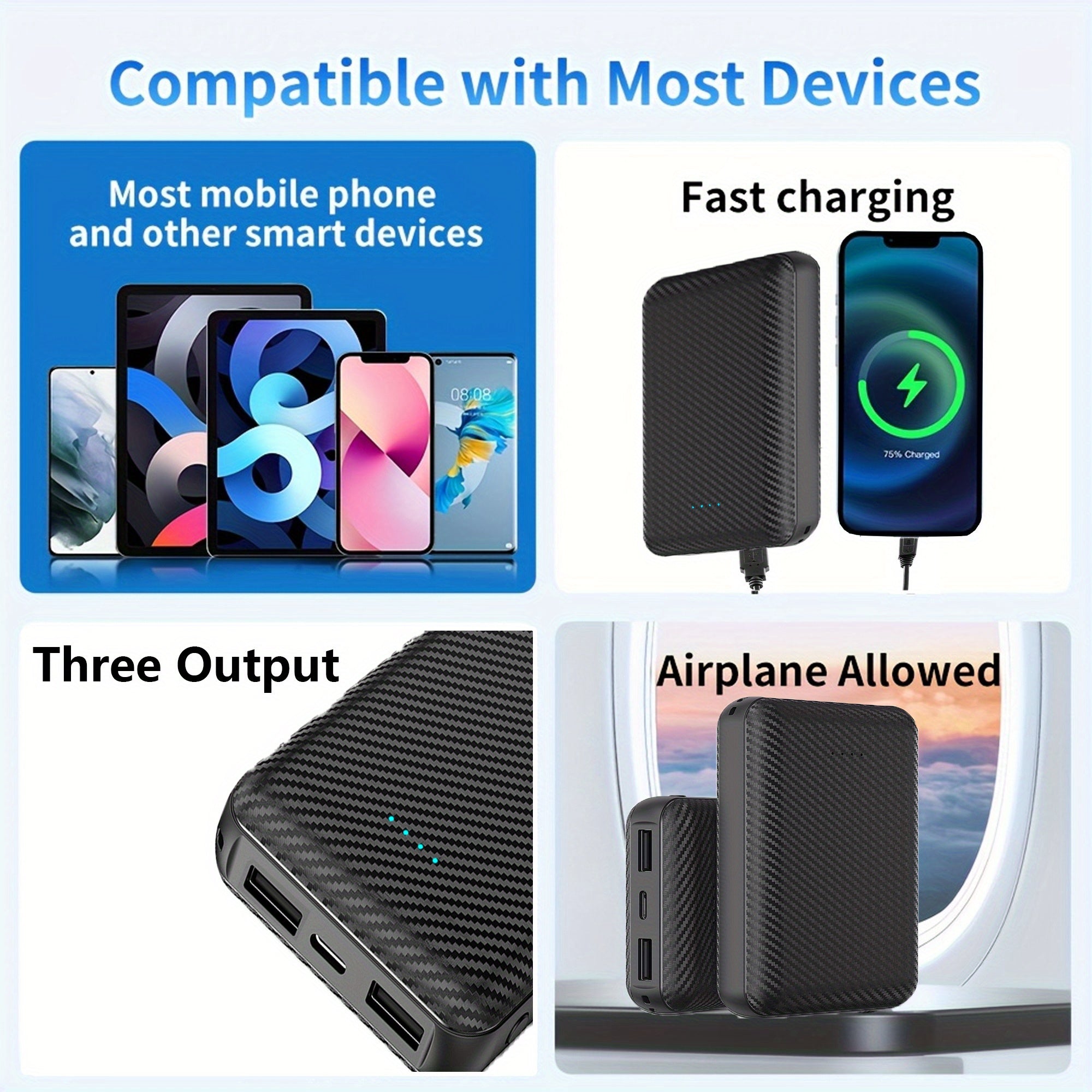 Large Capacity 10000mAh Portable Power Bank - Fast Charging, Dual USB & Type-C, Compact Design For IPhone, Samsung, Xiaomi