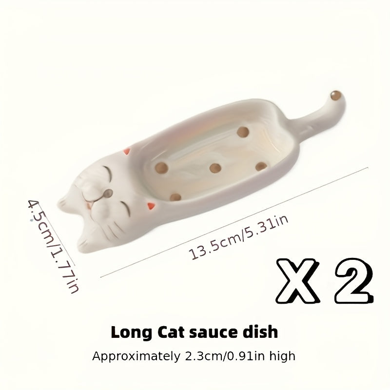 2Pcs/1Set Cat Ceramic Sauce Dish, Ins Japanese Style Cute Cat Multi-Functional Seasoning Tray 10*4.5cm/3.94*1.77in, Chopstick Rest, Small Plate for Snacks, Sushi, Soy Sauce Dip 13.5*4.5cm/5.31*1.77in