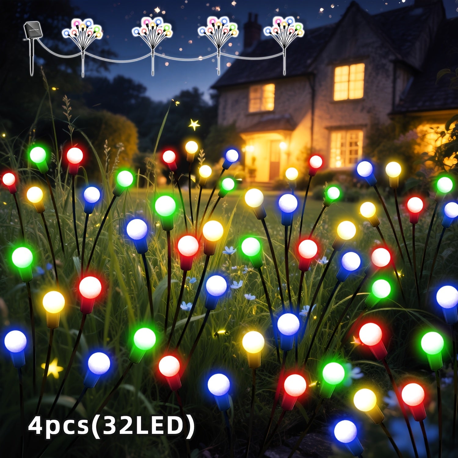 4pcs,32LED 太阳能花园草坪装饰灯，户外闪烁萤火虫灯，8种灯光模式，随风摆动-IPX4仙女灯串，适用于花园、庭院、小径、草坪、景观照明、露台装饰