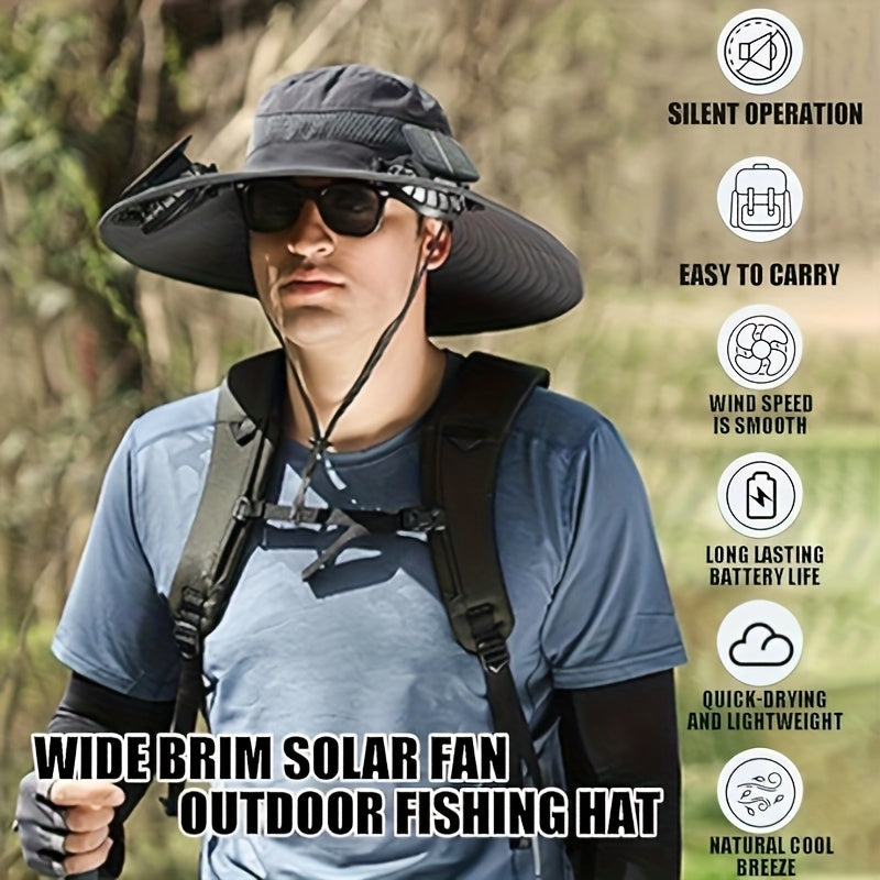 Solar Fan Sun Hat, Rechargeable with Charging Port, Summer Outdoor Wide Brim Bucket Hat, Adjustable Chin Strap, Breathable Mesh, Perfect for Outdoor Sports and Beach Activities