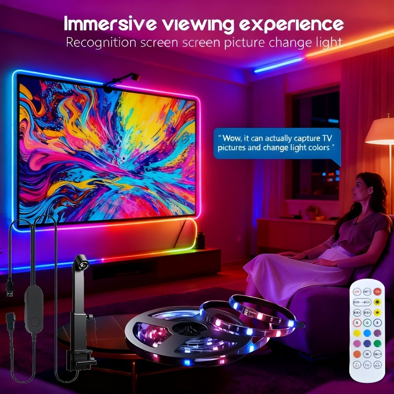 150inch USB智能LED灯带，带摄像头，适用于屏幕电视，电脑、大屏智能氛围灯带，舞台智能灯带，拾取屏幕色彩，LED条形灯与屏幕和音乐同步，遥控+线控