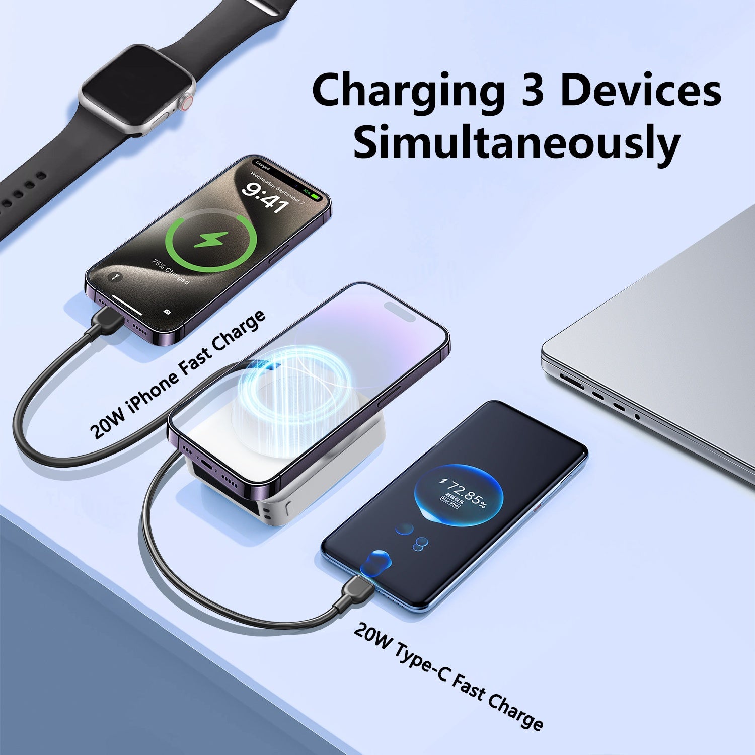 Ultra-Thin 10000mAh Power Bank with 22.5W Fast Charging & Magnetic Connector, Portable Charger Compatible for // - Type-C & Lightning Cable Included, Compatible for Phones, Tablets, Watches, Headphones