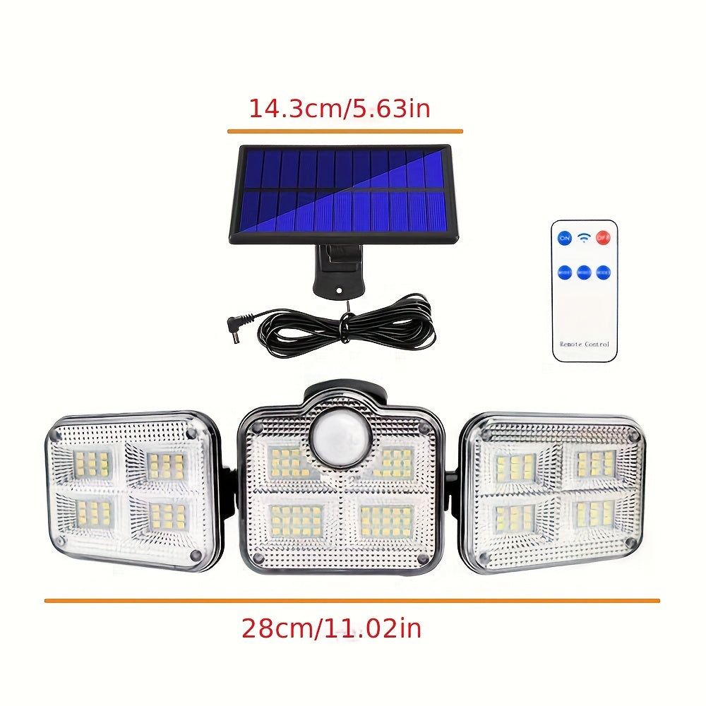 Solar Security Light with Motion Sensor - 3-Head 122 IP54 LED Dimmable, Semi-Flush Mount Plastic Wall Light, Remote Control, Solar Battery 2400mAh Lithium-Ion Battery, Non-Detachable Solar Panel - Light Source Included