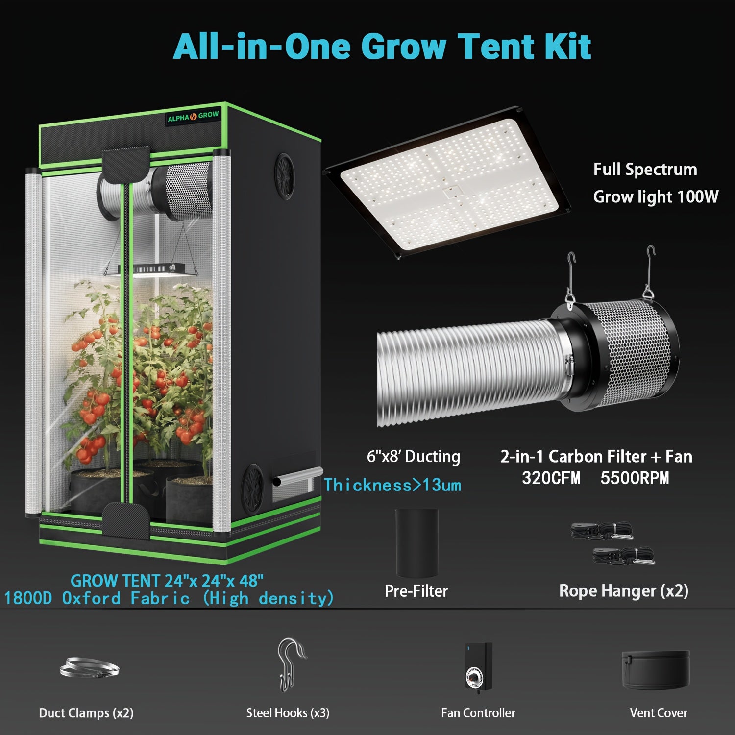 Professional 1800D 4x2 Grow Tent Kit 48"x24"x60", Complete Hydroponic System for Indoor Plants, 100W Full Spectrum LED Grow Light, 320CFM 6 Inch 2-in-1 Fan & Carbon Filter Combo 2398196504, High Reflective Mylar Lining
