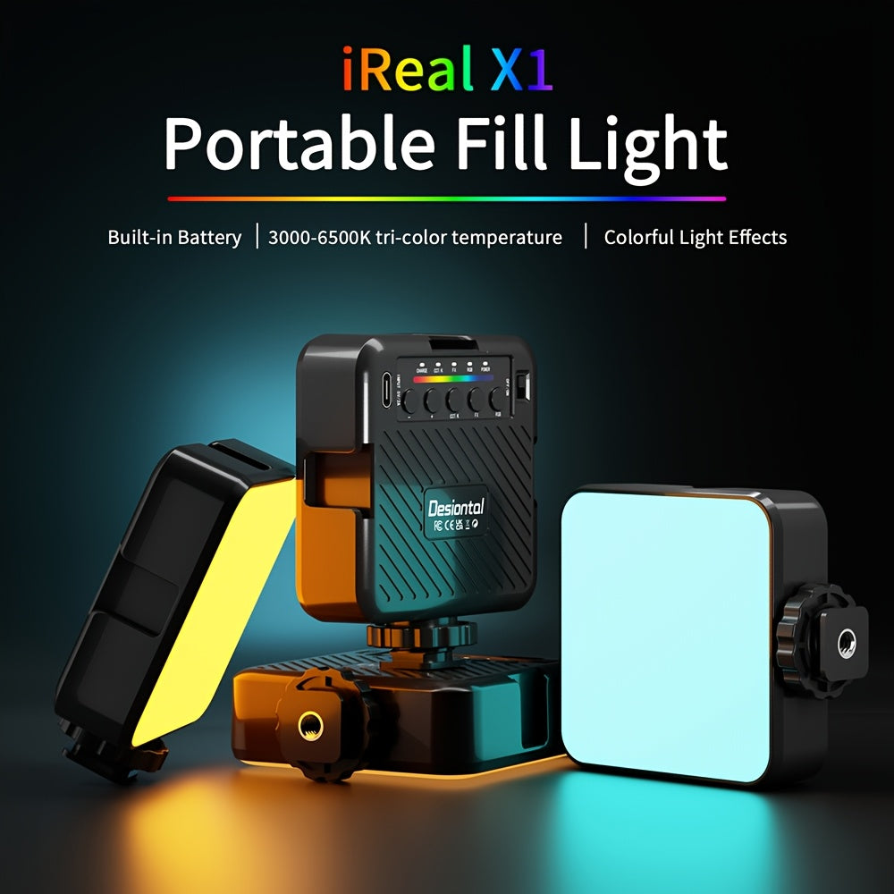Desiontal iReal X1全彩RGB补光灯vlog相机拍摄柔光美颜灯带LED三色温3000-6500K模式户外便携手机自拍摄影打光静物拍摄 冷靴座和1/4螺孔安装