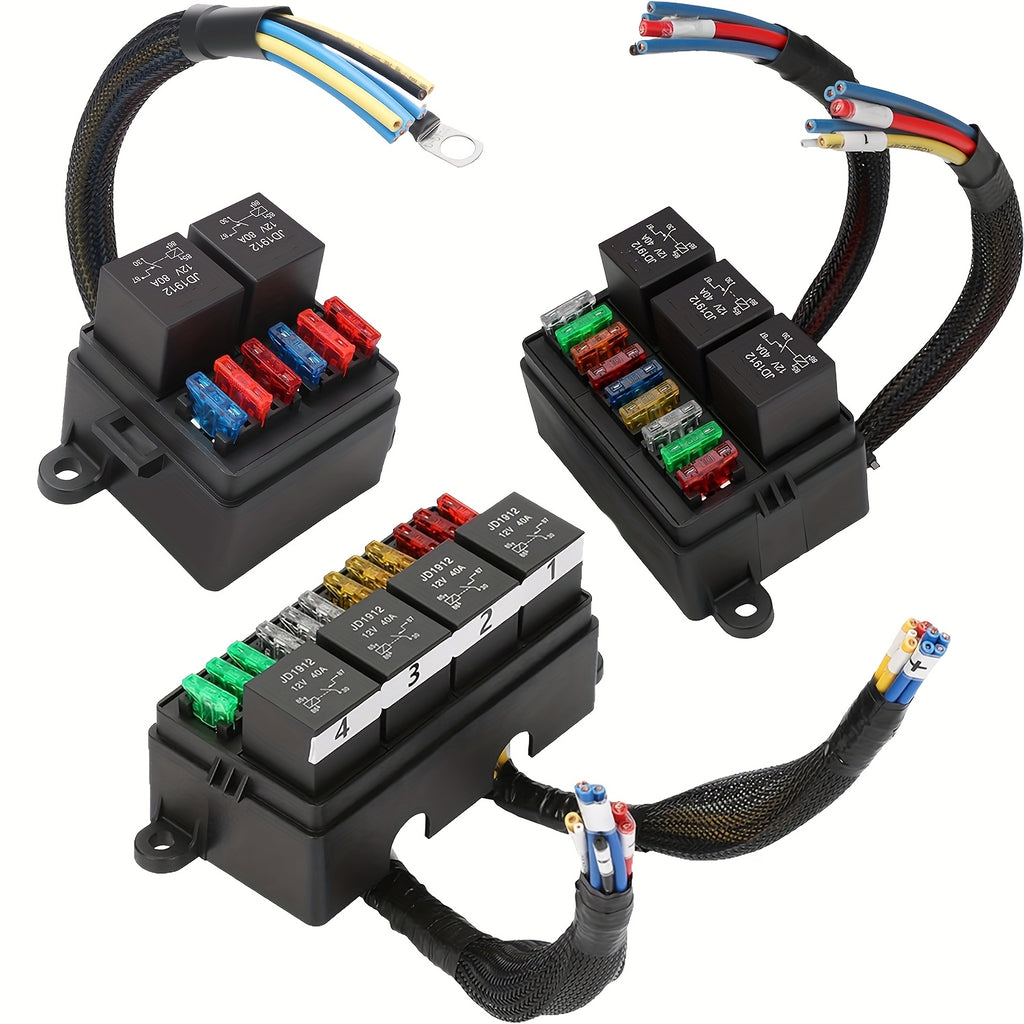 Pre-Wired Fuse Relay Box, 2/3/4/6 Way 4-Pin 40A Relay Block Kit, Suitable for Car Truck Boat JEEP