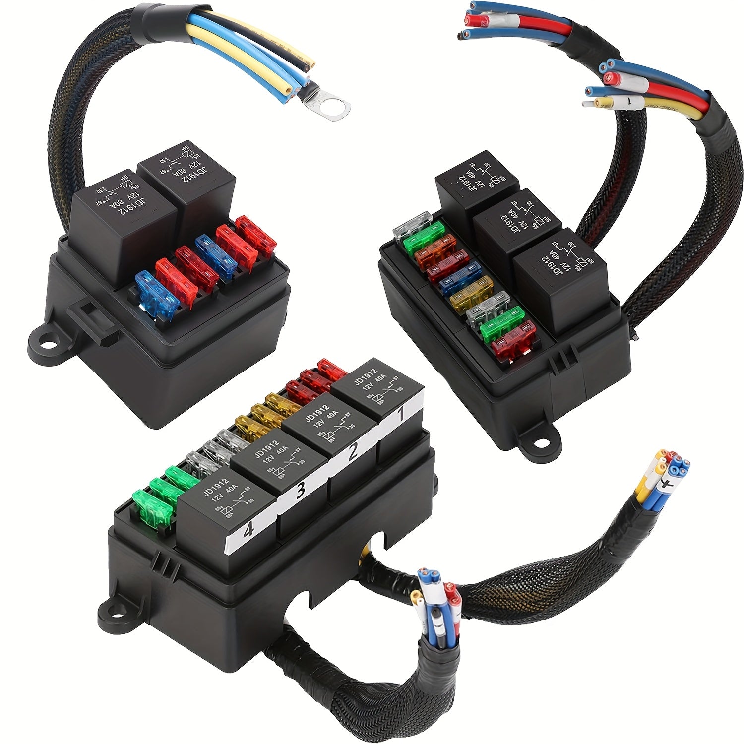 Pre-Wired Fuse Relay Box, 2/3/4/6 Way 4-Pin 40A Relay Block Kit, Suitable for Car Truck Boat JEEP