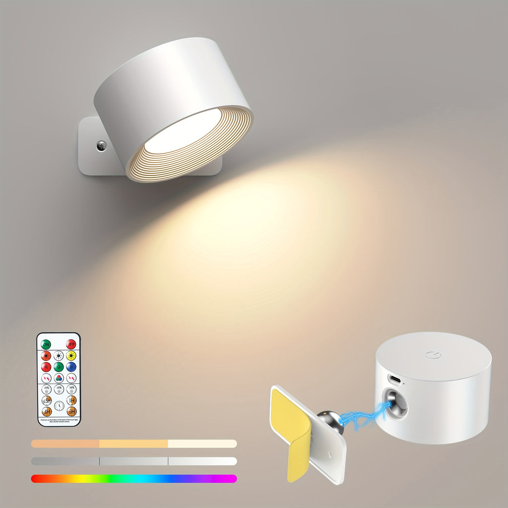 2-Pack LED Smart Wall Light, Dimmable Wall Lamp with 3 Lighting Modes and 16-Color RGB Remote/Touch Control, Powered by 2000mAh Rechargeable Battery, Suitable for Bedside Reading