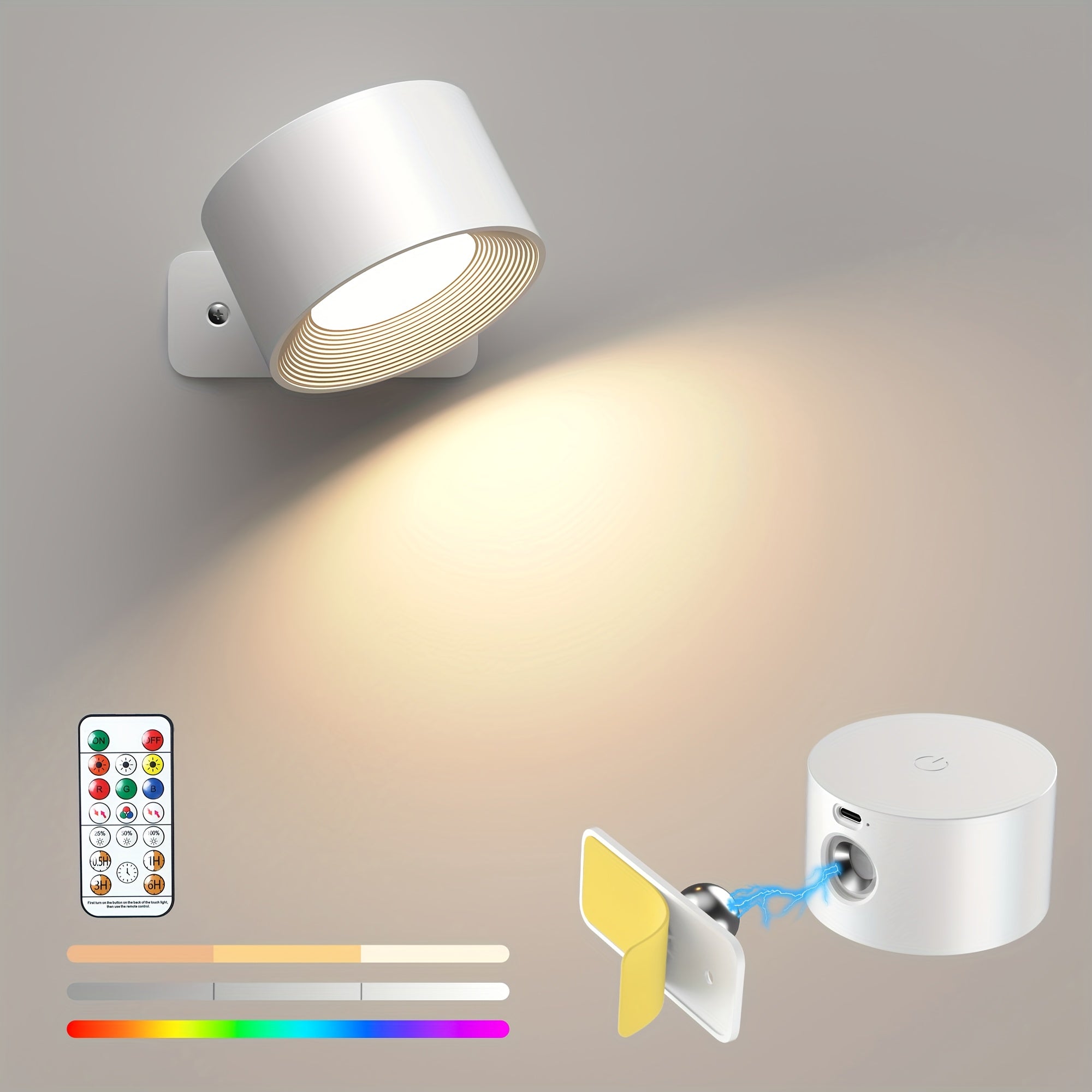2-Pack LED Smart Wall Light, Dimmable Wall Lamp with 3 Lighting Modes and 16-Color RGB Remote/Touch Control, Powered by 2000mAh Rechargeable Battery, Suitable for Bedside Reading