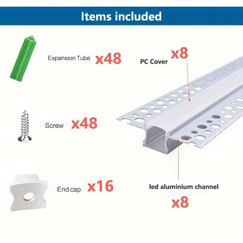 【海运】3.3 英尺/1米 8件装 LED 型材 石膏板暗装 LED 铝通道 LED 灯条扩散器通道,无边嵌入式干墙铝,适用于墙壁和天花板,带乳白色扩散器和端盖