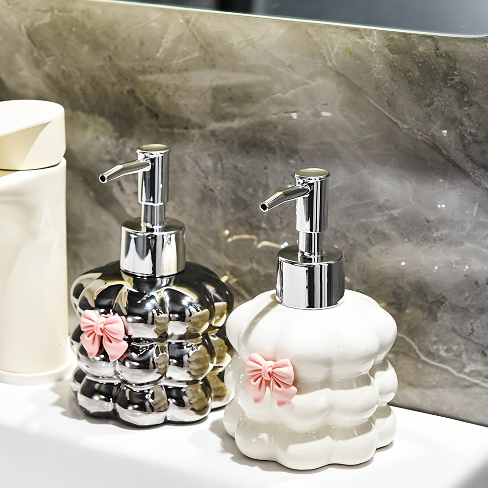 1 Ceramic Flower Design Soap Dispenser - Elegant Countertop Lotion & Shampoo Bottle, Refillable for Bathroom, 8.45oz, White with Pink Bow Accent, Perfect for Hand Soap or Body Wash, Bathroom Soap Dispenser