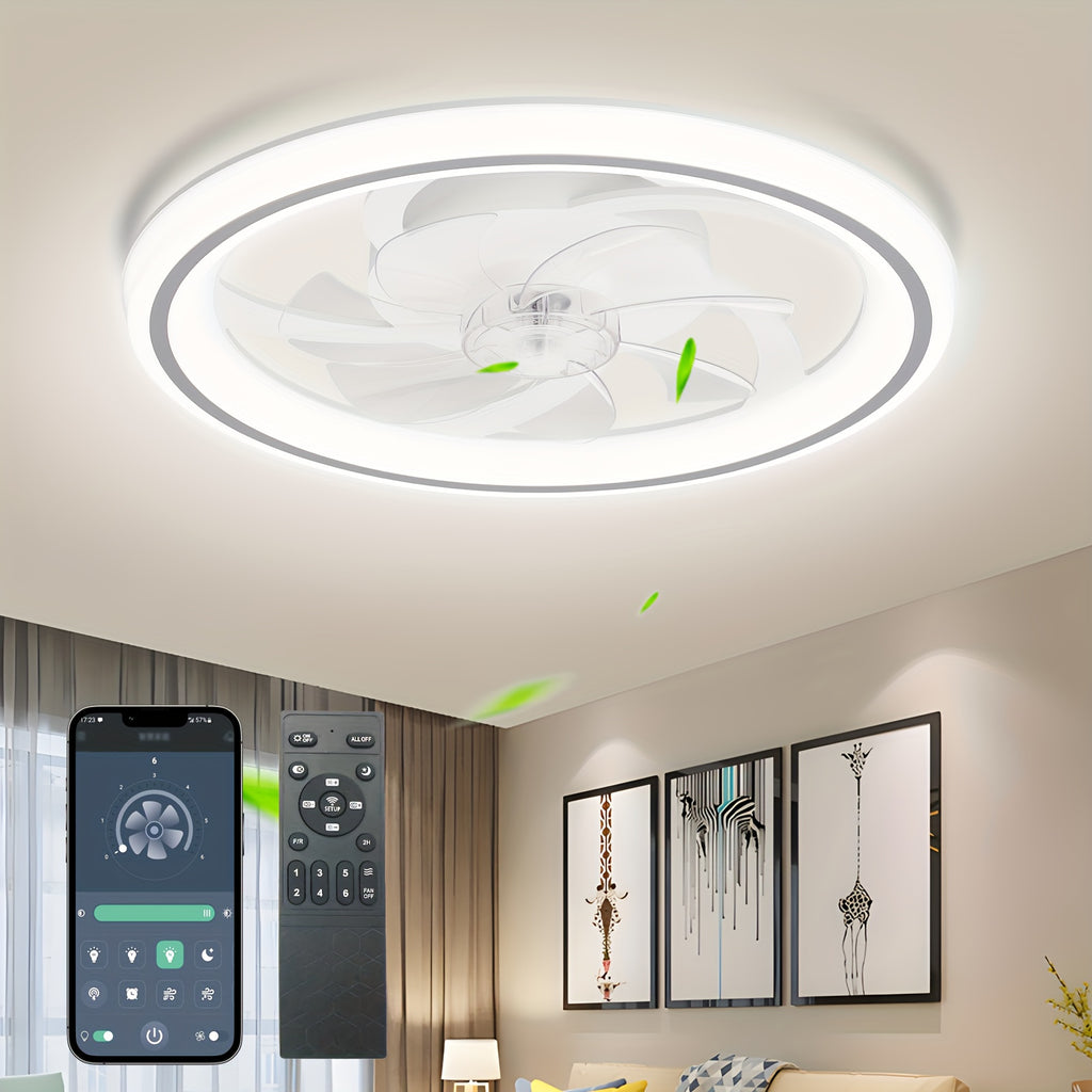 20 Inch Modern Dimmable LED Ceiling Fan Light, APP & Remote Control, 3 Color Temperatures, 6 Speed Levels, Flush Mount Design for Bedroom, Night Mode, Timer Function, Wireless Control, Polished Finish, Bedroom Ceiling Fan, Modern Lighting