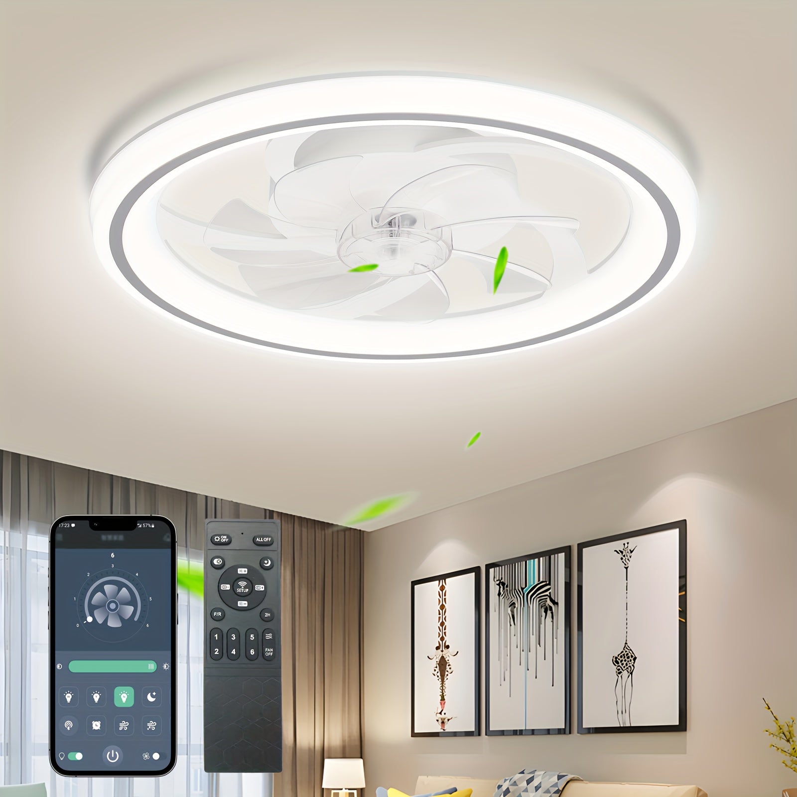 20 Inch Modern Dimmable LED Ceiling Fan Light, APP & Remote Control, 3 Color Temperatures, 6 Speed Levels, Flush Mount Design for Bedroom, Night Mode, Timer Function, Wireless Control, Polished Finish, Bedroom Ceiling Fan, Modern Lighting