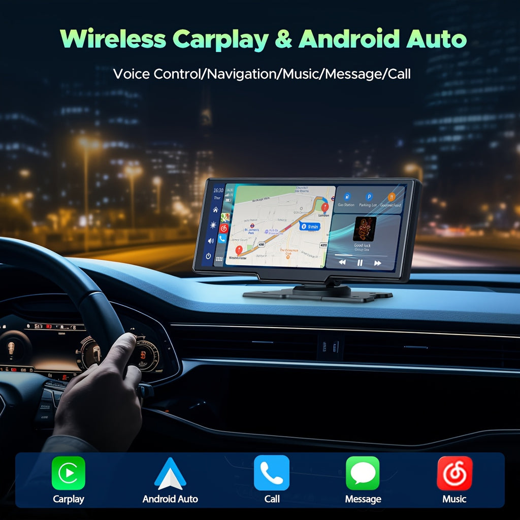 Lamtto 10.26" Wireless Carplay Display for Vehicles with 2.5K + 1080P Dash Cam, Portable Car Stereo GPS Navigation, Car Audio, Supports Android Auto, Airplay, Mirror Link, Compatible with 64GB TF Card, Universal Fit for All Vehicles