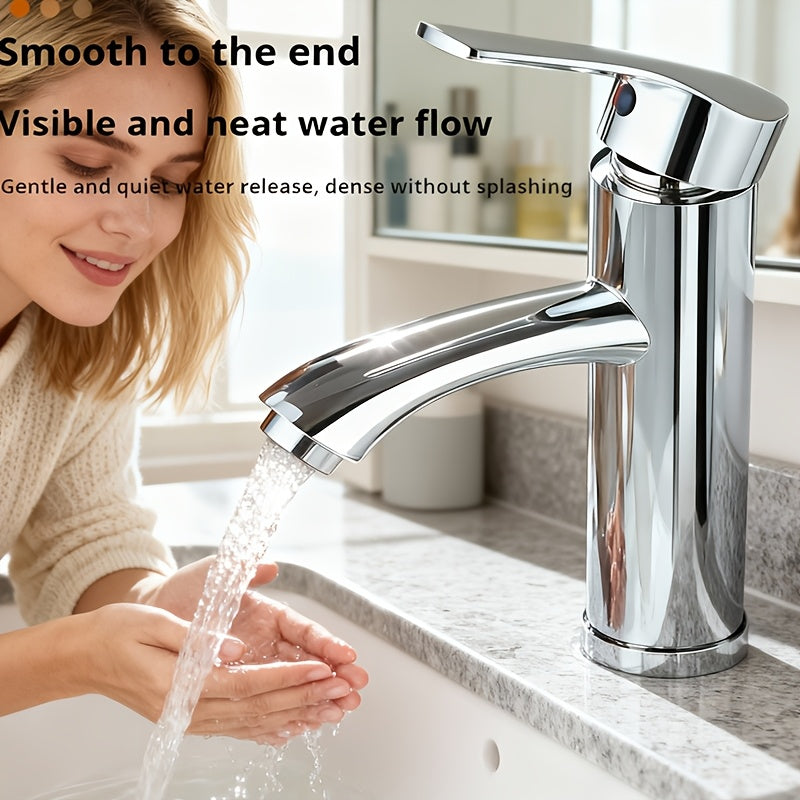 1 Modern Bathroom Faucet - Single Handle Round Deck Mount Mixer Basin Faucet, Hot & Cold Water, for Vanity, Sink Cabinet, Kitchen, Hotel, RV with Hoses