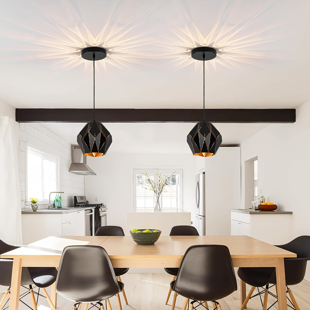 Vintage industrial black metal pendant light - height adjustable, geometric farmhouse ceiling light for kitchen island - bulb not included