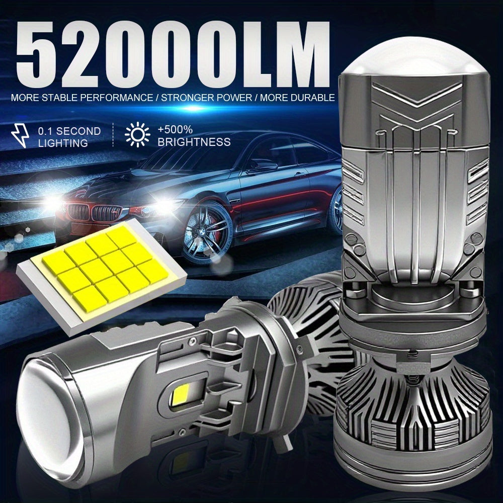 2个LED H4 LED大灯迷你透镜LED 52000流明 H4/9003/HB2-QD086汽车灯高低光束Canbus 9570 CSP芯片LED灯泡12V，摩托车前灯7000K白色，无电池
