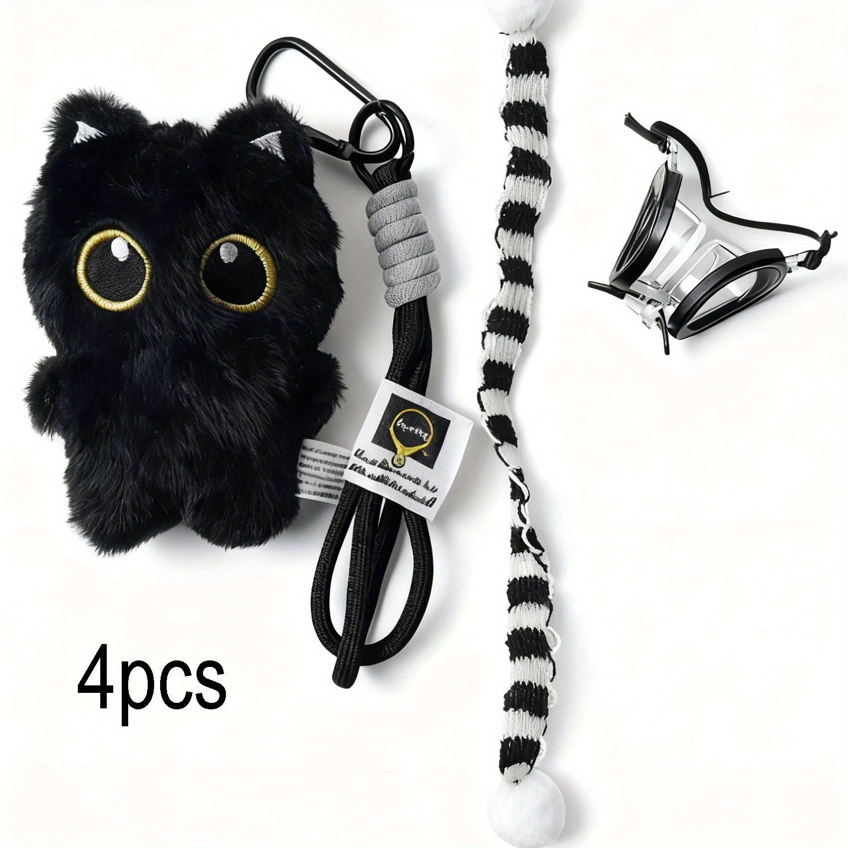 4件套黑猫宠物毛绒玩具（挂绳+围巾+泳镜），柔软的聚酯纤维填充玩具，任意搭配供宠物玩耍，适合所有犬种