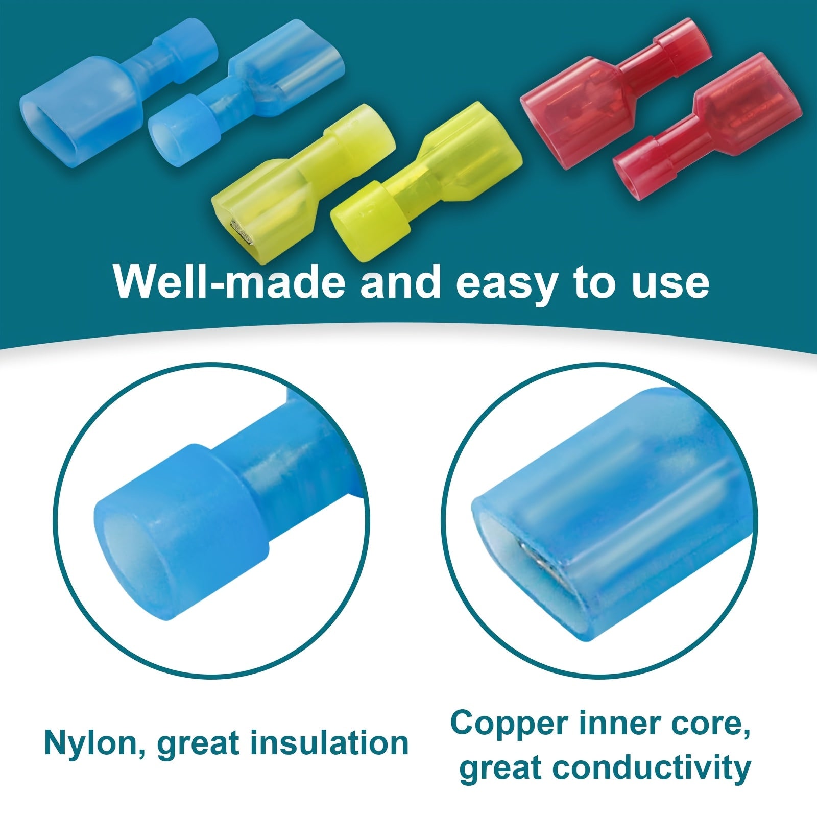 100/80/60pcs Nylon Spade Electrical Wire Connectors | 22-10 AWG Fully Insulated Terminals, Male & Female Crimp Connector Kit for Speaker Car Stereo Wiring, Industrial Quick Connect/Disconnect Wire Assortment, Red Blue Yellow Color