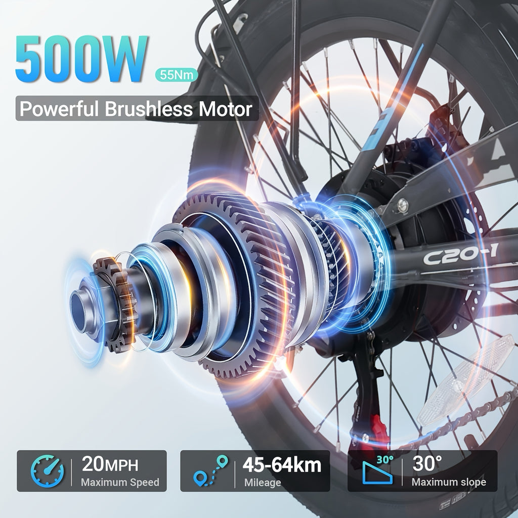 20英寸折叠电动自行车 - 500W高功率电机，48V 7.8AH可拆卸电池，50-55公里续航，7速变速与LCD显示屏，前置货架与重型碟刹，20 MPH电动自行车（全球电压100-240V）- 男女通用城市通勤车