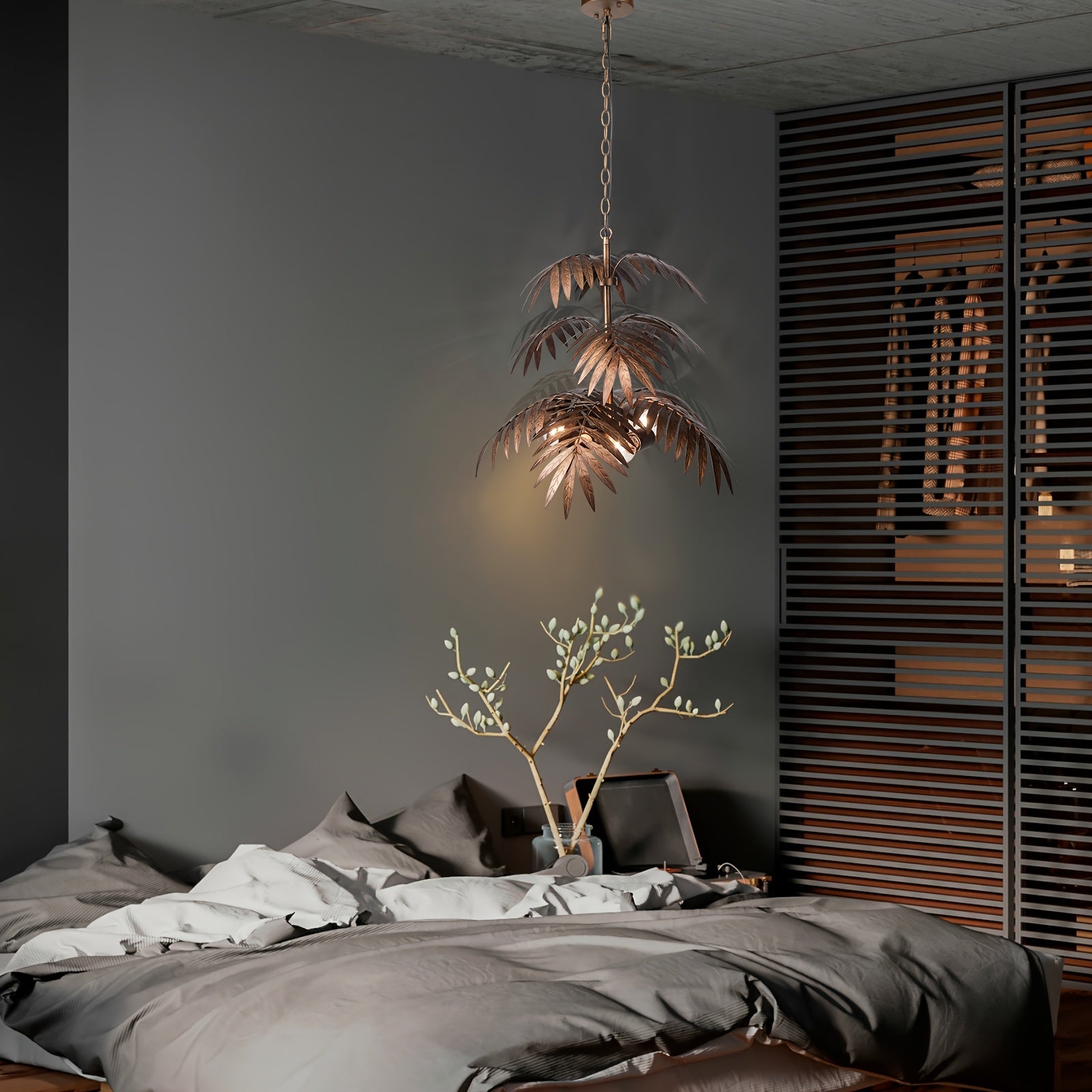 Rustic farmhouse chandelier, gold palm leaf decorative ceiling pendant light, home decor art pendant light