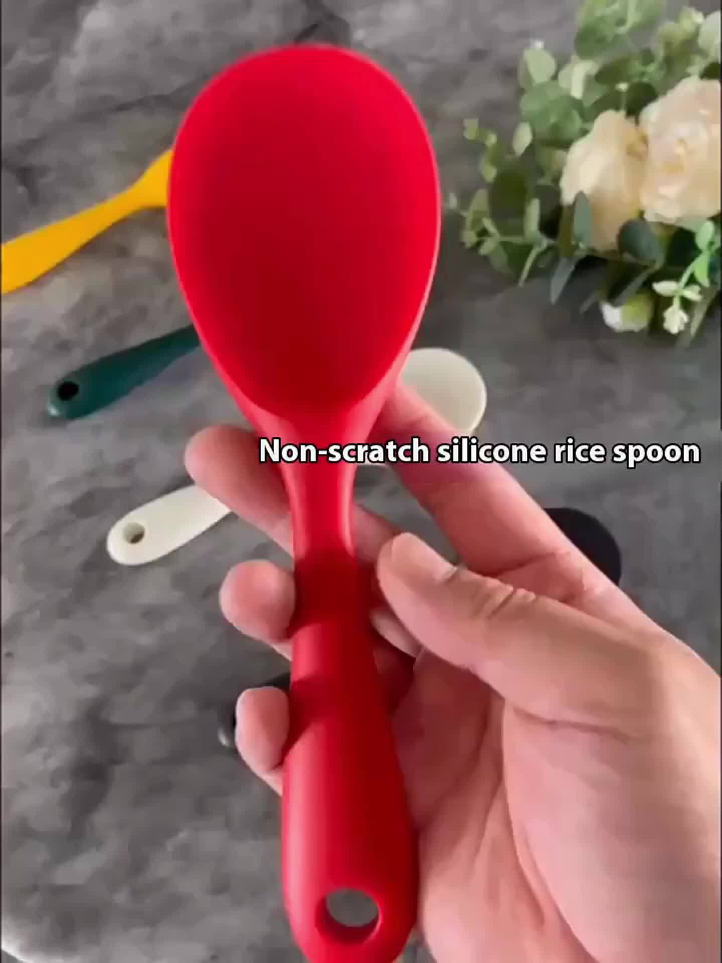 1PC Integrated Silicone Rice Spoon, Non-stick Heat Resistant Rice Cooker Spoon, Full Wrapped Kitchen Serving Spoon, Suitable for Rice, Salad and Mashed Potatoes