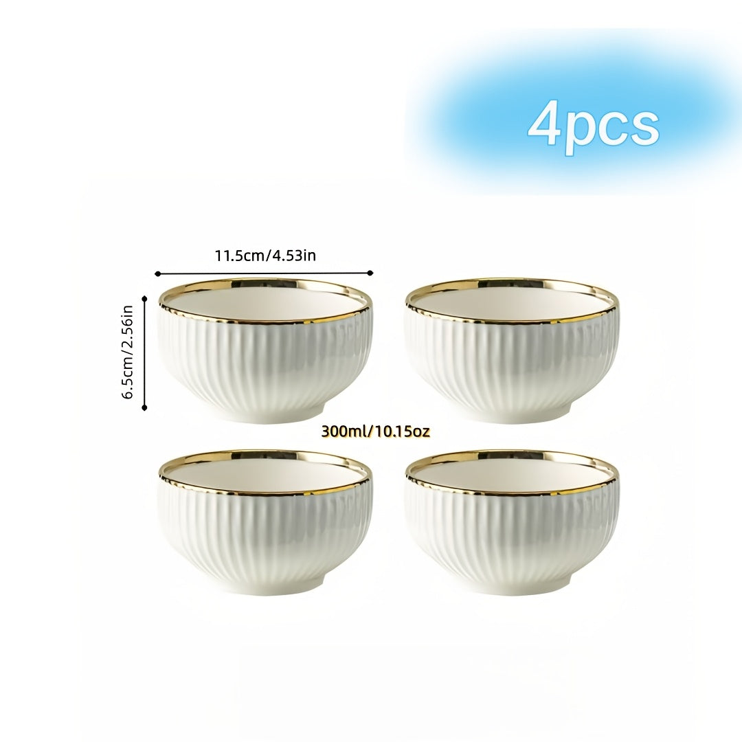 4-Piece Luxury Gold Rim Ceramic Noodle Bowl Set, Salad & Fruit Bowl, Round Kitchen Tableware – Dishwasher Safe