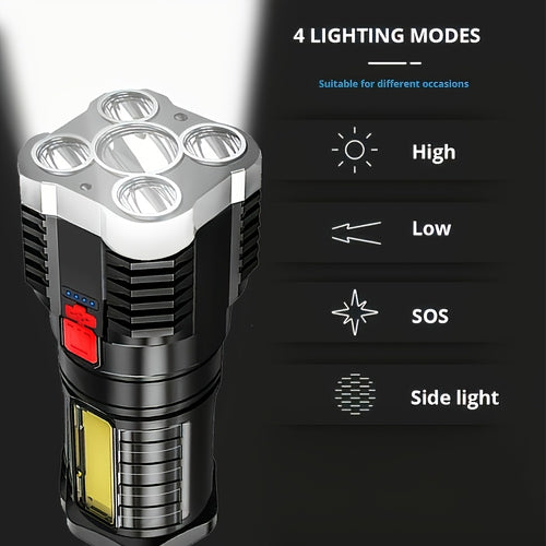 1PC 5LED High-Power Tactical Handheld Flashlight, Rechargeable Camping Light with COB Side Light & 4 Lighting Modes, Ideal for Camping, Exploration, Hiking, Outdoor Activities & Home Emergency Use