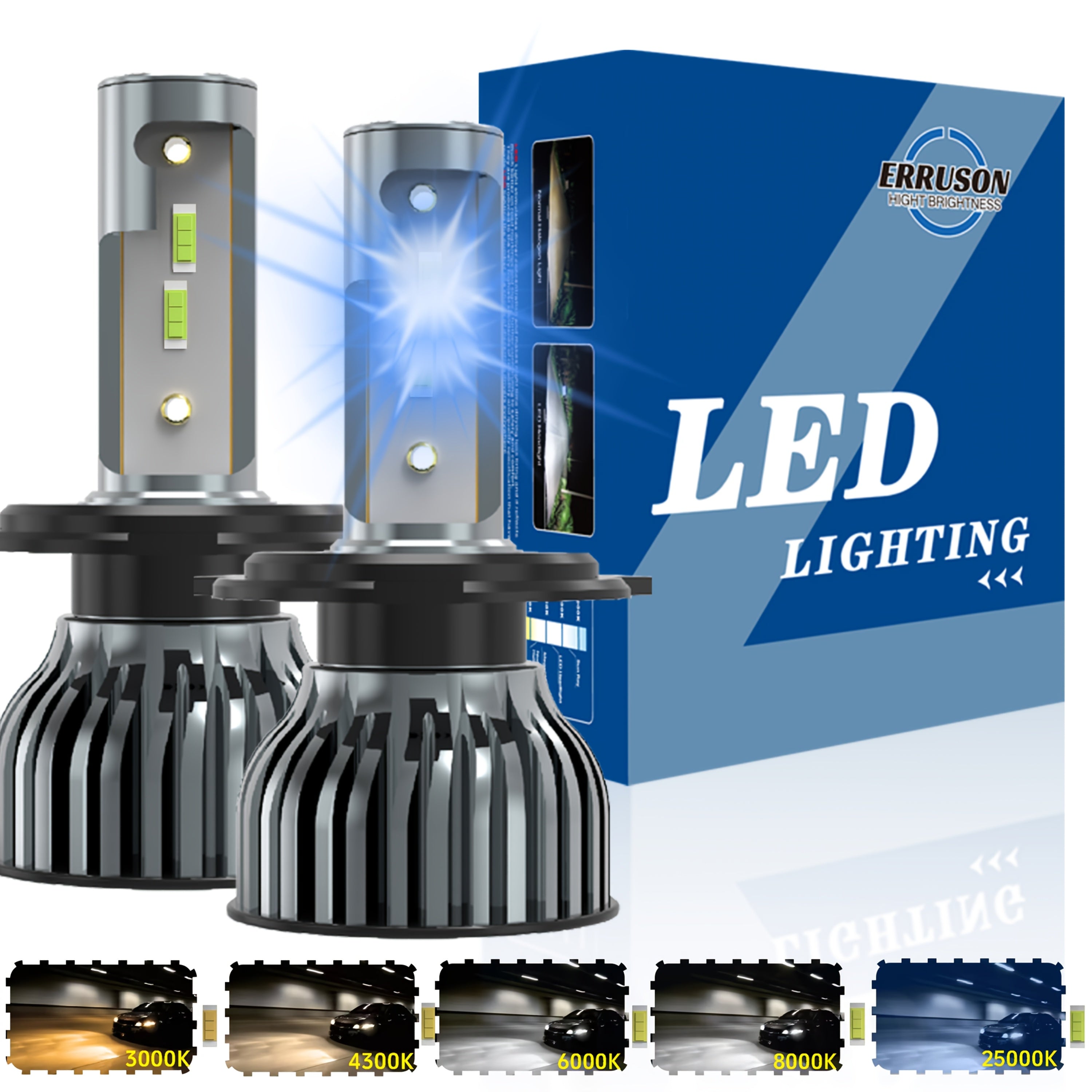Erruson 2-Pack Dazzling Car Bulbs 9005/HB3 9006/HB4 H11 H4 H7 H1 High/Low Beam Dual-Use Turbo Light, 30000 Lumens 300W 3000K/4300K/6000K/8000K/25000K Car Light, 700% Brightness