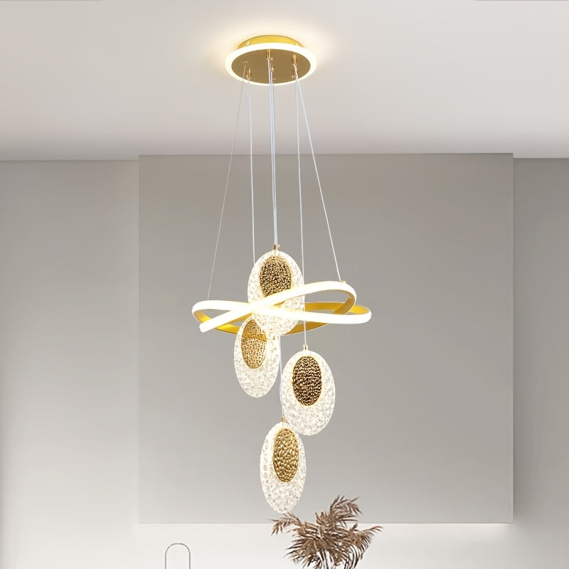Modern LED Indoor Pendant Light with 4 Oval Disc-Shaped Pendants, 3-Color Temperature Adjustable Lighting Fixture