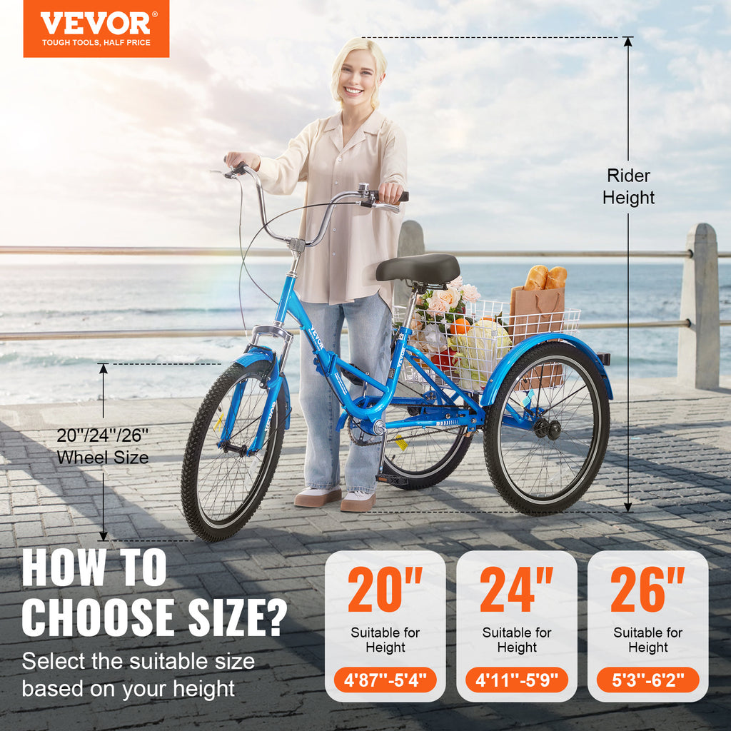 VEVOR 24 英寸成人折叠三轮车 - 碳钢 3 轮自行车，带大篮子和可调节座椅 - 购物和野餐的完美选择 - 女士、男士和老年人都适用（红色/蓝色）