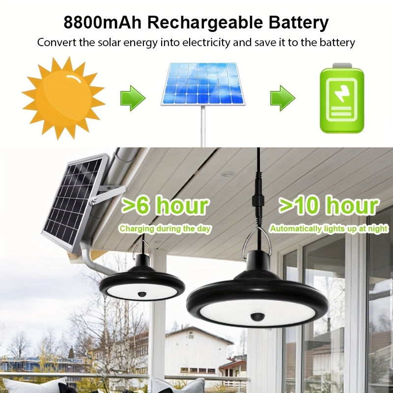 Solar pendant light with motion sensor, one-to-two dual-head dual remote control, waterproof solar barn light, multiple modes adjustable brightness, soft light eye-friendly, suitable for indoor and outdoor, barn, chicken coop, workshop