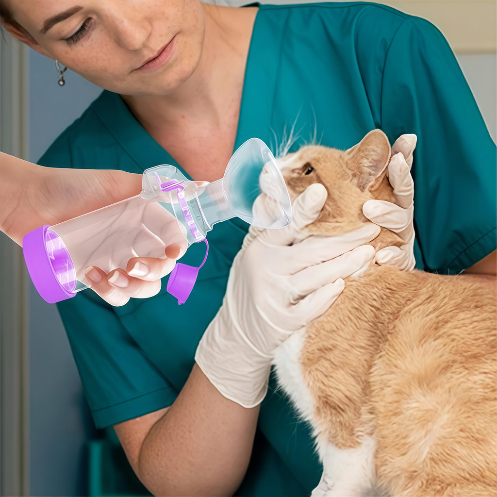 猫狗宠物雾化罐，手持式雾化罐，只需将吸入器连接到橡胶垫上，柔软灵活的面罩轻柔地贴合宠物的脸部，确保安全舒适的佩戴。便携轻便：小巧的尺寸和轻便的结构使其在家或外出时都易于使用，并且更容易冲洗。提供两种硅胶面罩。