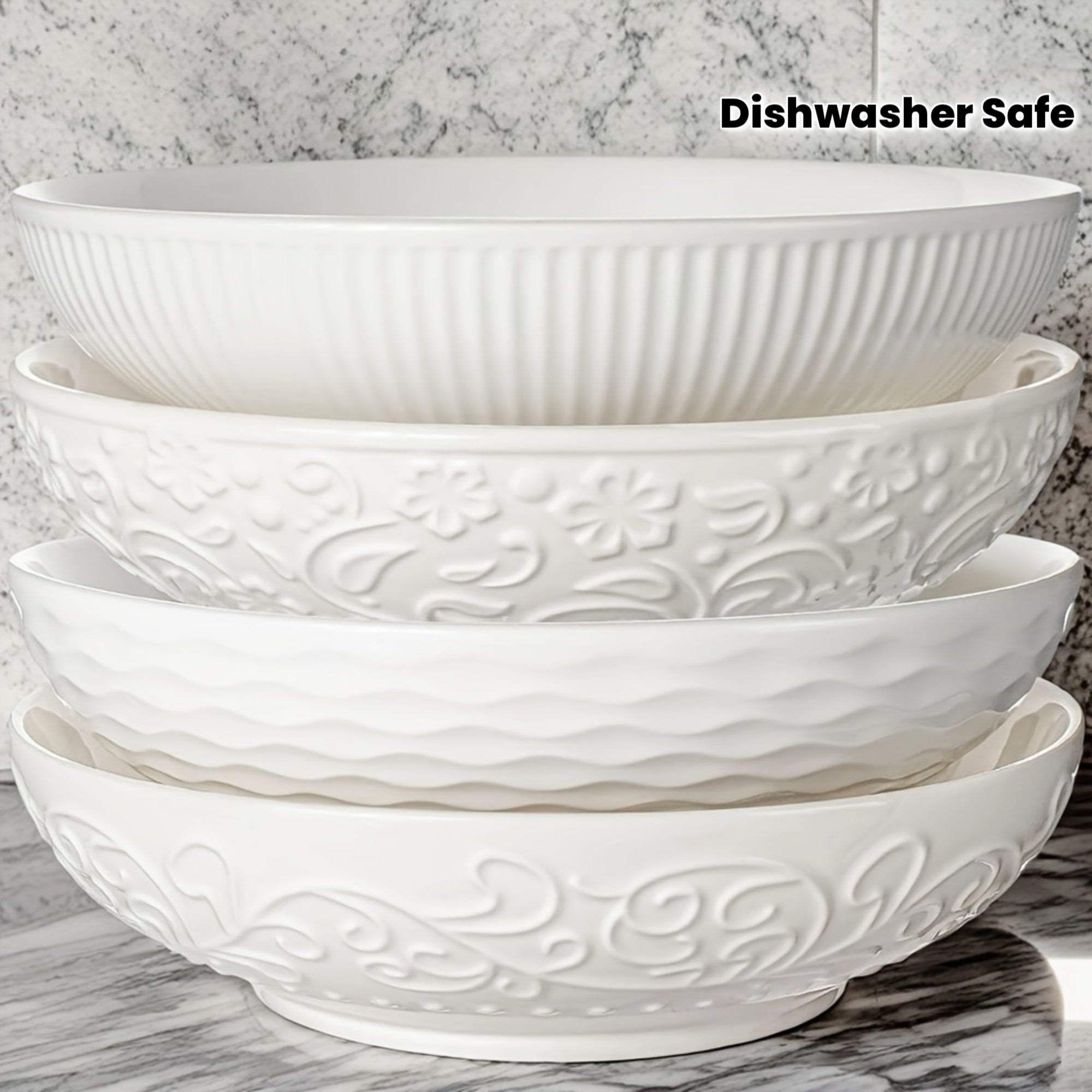 4-Pack Alterna Embossed Ceramic Bowl Set, Christmas Special: 30oz Pasta & Salad Bowl – Perfect for Halloween & Thanksgiving Gifts – Microwave & Dishwasher Safe
