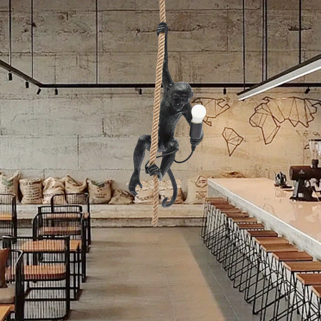 Lightweight Hanging Decor, Monkey Pendant Light, Vintage Resin Monkey-Shaped Pendant Light, Creative Jute Rope Hanging Fixture, Suitable for Dining Room, Living Room, Bar, Cafe