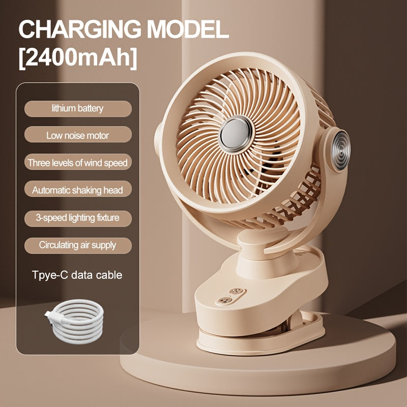 Brushless Motor Clip Fan, Rechargeable 2-in-1 Fan with Lighting & Oscillating Function, Quiet Circulating Desktop Fan with Night Light for Office Dorm Bedroom