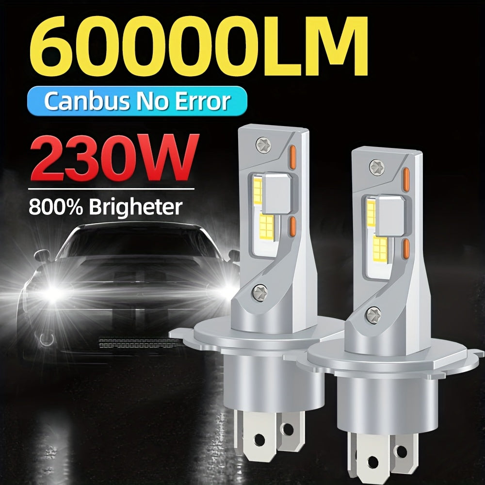 2 LED Headlight Bulbs, Compatible with 9005/HB3, 9006/HB4, H1, H4, H7, H11 Models, 60000 Lumens Super Bright High/Low Beam, Supports CANBUS Error-Free Technology, 800% Brightness Increase, 6000K Cool White Light, Plug-and-Play