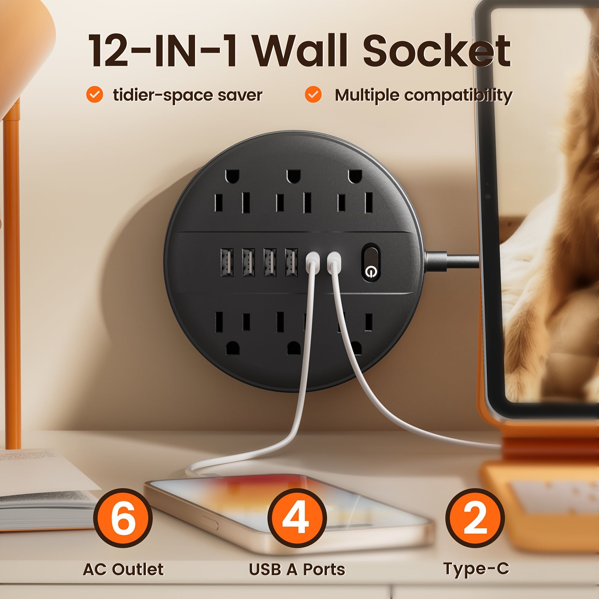 A Versatile Power Strip Featuring 12 Functions, Equipped with a Surge Protector, 6 USB Charging Ports (Including 4 USB A And 2 USB C), And 6 AC Outlets. This Compact Charging Station Can Be Mounted on The Wall And Is Suitable for Home, School