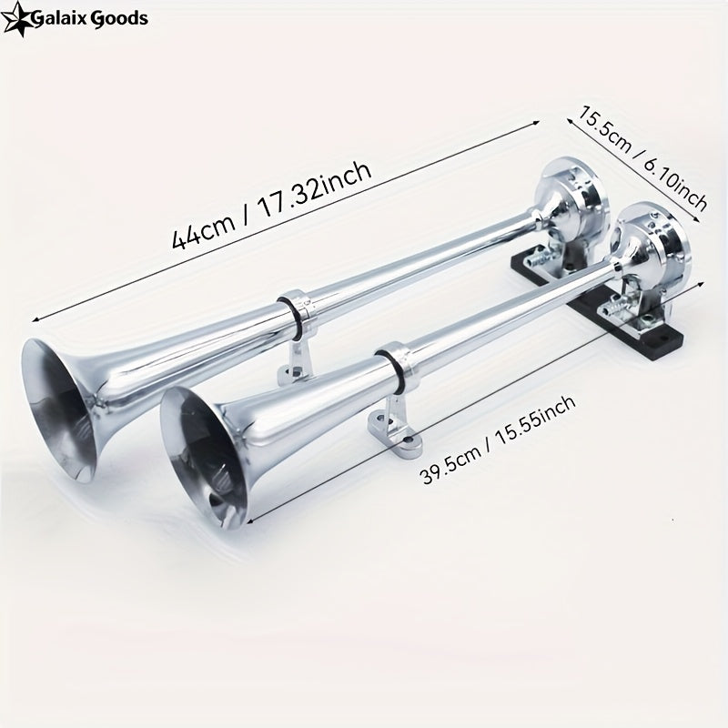 Silver 17-Inch Dual Trumpet Air Horn Set 12/24V Air Horn Zinc Alloy Marine Horn, Suitable for Boats, Sailboats, Yachts, Trucks, SUVs, RVs and More