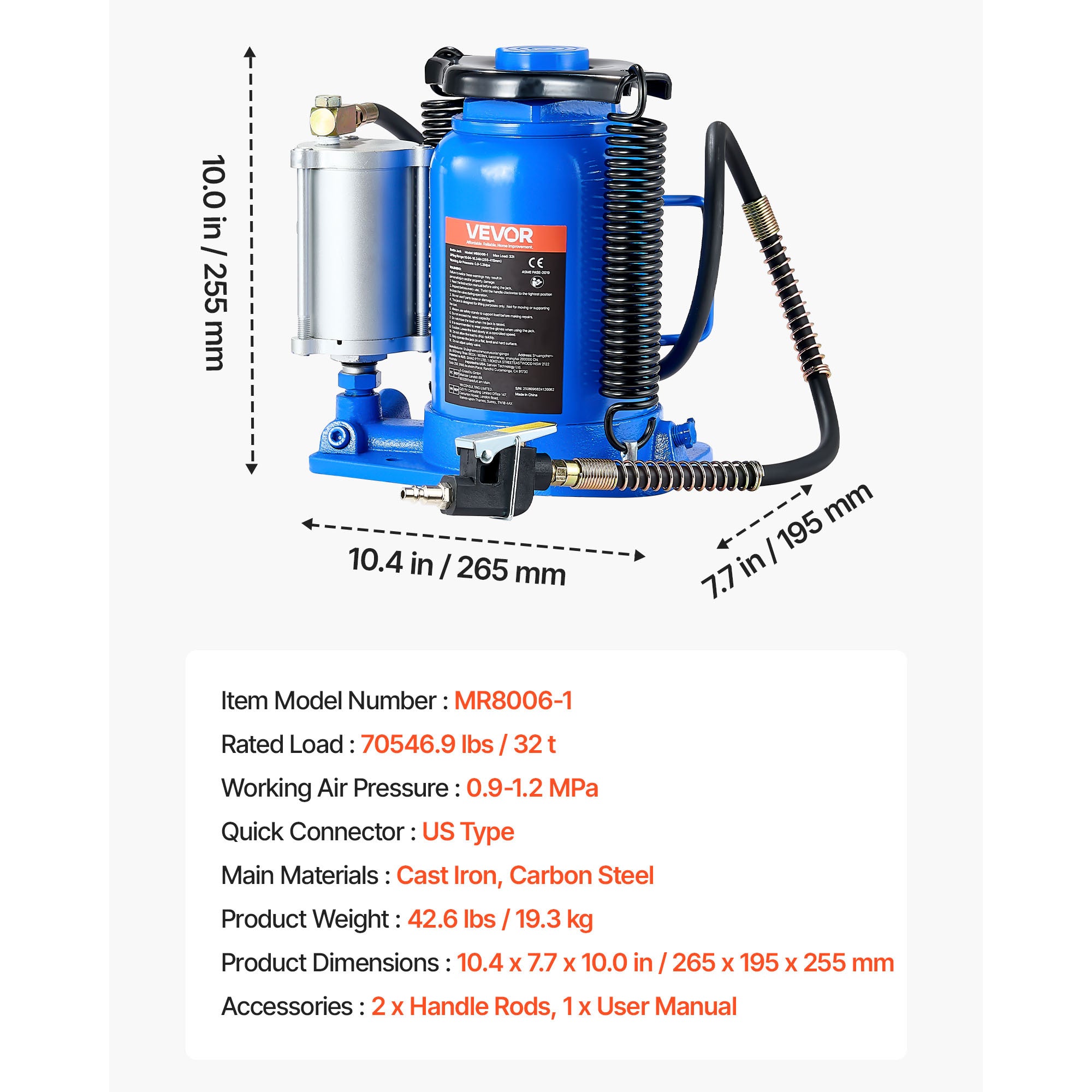 VEVOR Air Hydraulic Jack, 32 Ton (70546.9 Lbs) Capacity, 10-16.3 Inch Lifting Range, Pneumatic/Manual Heavy Duty Welded Jack with Pump, Suitable for Cars, SUVs, Pickups, Trucks, RVs, Auto Repair, Blue