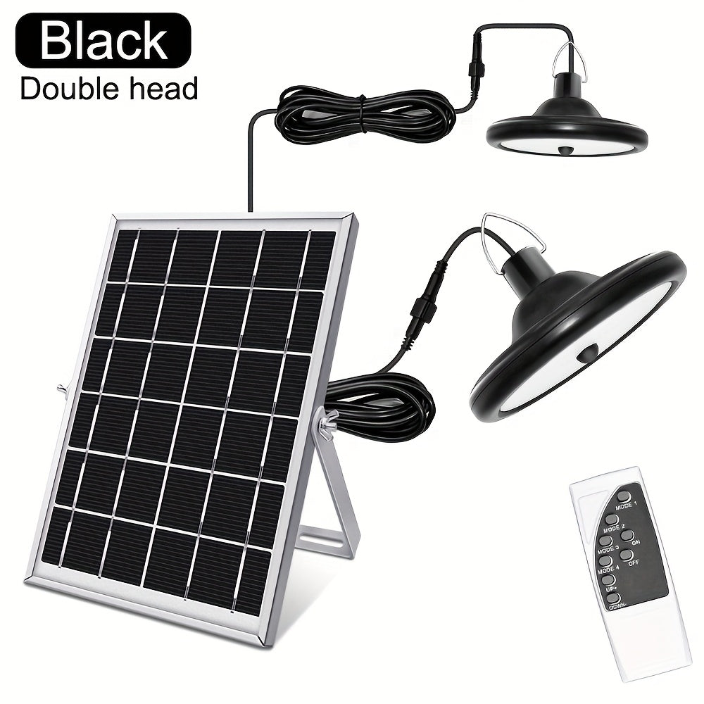 Solar pendant light with motion sensor, one-to-two dual-head dual remote control, waterproof solar barn light, multiple modes adjustable brightness, soft light eye-friendly, suitable for indoor and outdoor, barn, chicken coop, workshop